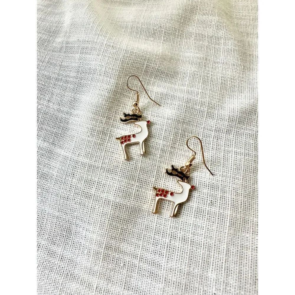 White and red reindeer dangle earrings 